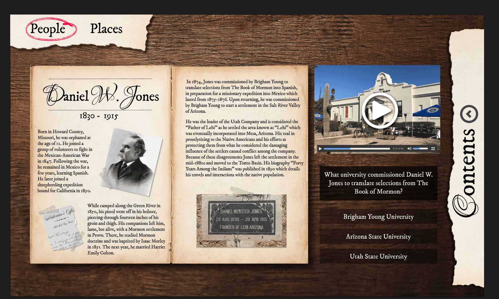 A screen from the Mesa exhibit with a historical biography, video, and quiz